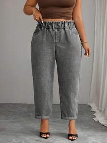 Elenzga Plus Size Women's Pocket Design Tapered Leg Casual Versatile Jeans - Light Grey - View 4