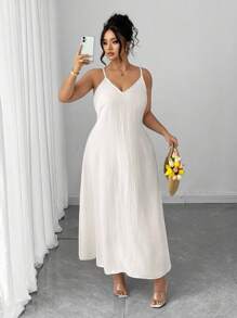 SHEIN PETITE CURVE Váy không tay màu trơn cỡ lớn dành cho nữ, mùa hè - Màu be - Xem 4