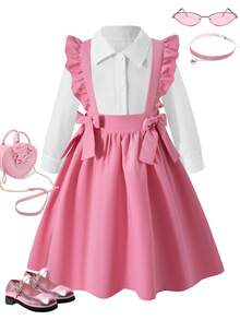 Young Girl' Casual Elegant Light Pink Ruffle Pinafore Dress Set,Collared Shirt,Autumn Career Day Back-To-School,Waist Tied With 2 Bows Shirt Dress - Pink - View 7