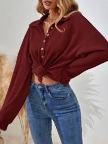 EMERY ROSE Camiseta casual holgada de mujer de unicolor, de manga larga, con caída en los hombros, botones y abertura media - Rojo - Ver 4