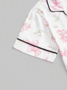 ROMWE Kawaii Cute Bow Floral Pattern Satin Fabric Long Sleeve Shorts Women Pajama Set - Pink - View 4