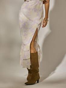 Aralina Váy maxi đuôi cá xếp nếp họa tiết hoa nhiều lớp, dây mảnh xẻ tà, dáng đuôi cá, dáng suông, dáng dài dự tiệc cưới mùa hè cho nữ - Bụi tím - Xem 6