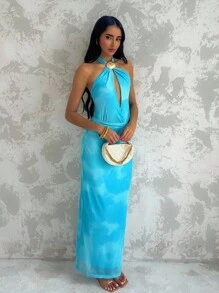 Glamine 女式贝壳装饰露背蓝色夏季海滩度假性感旅行节日派对连衣裙 - 随机印花图案选择 - 彩色 - 查看 5