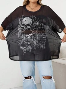 SHEIN CURVE+ 加大码夏季圆领短袖骷髅印花透明简约衬衫，适合女士休闲日常万圣节秋季服装、冬季、CURVE PLUS