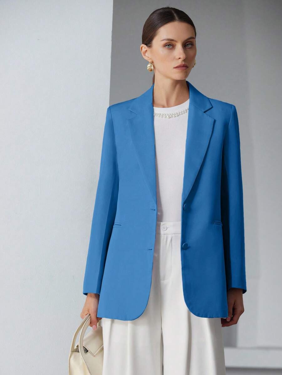 EURMUSE Decor Pocket Single Breasted Blazer Workwear  - Biru - View 1