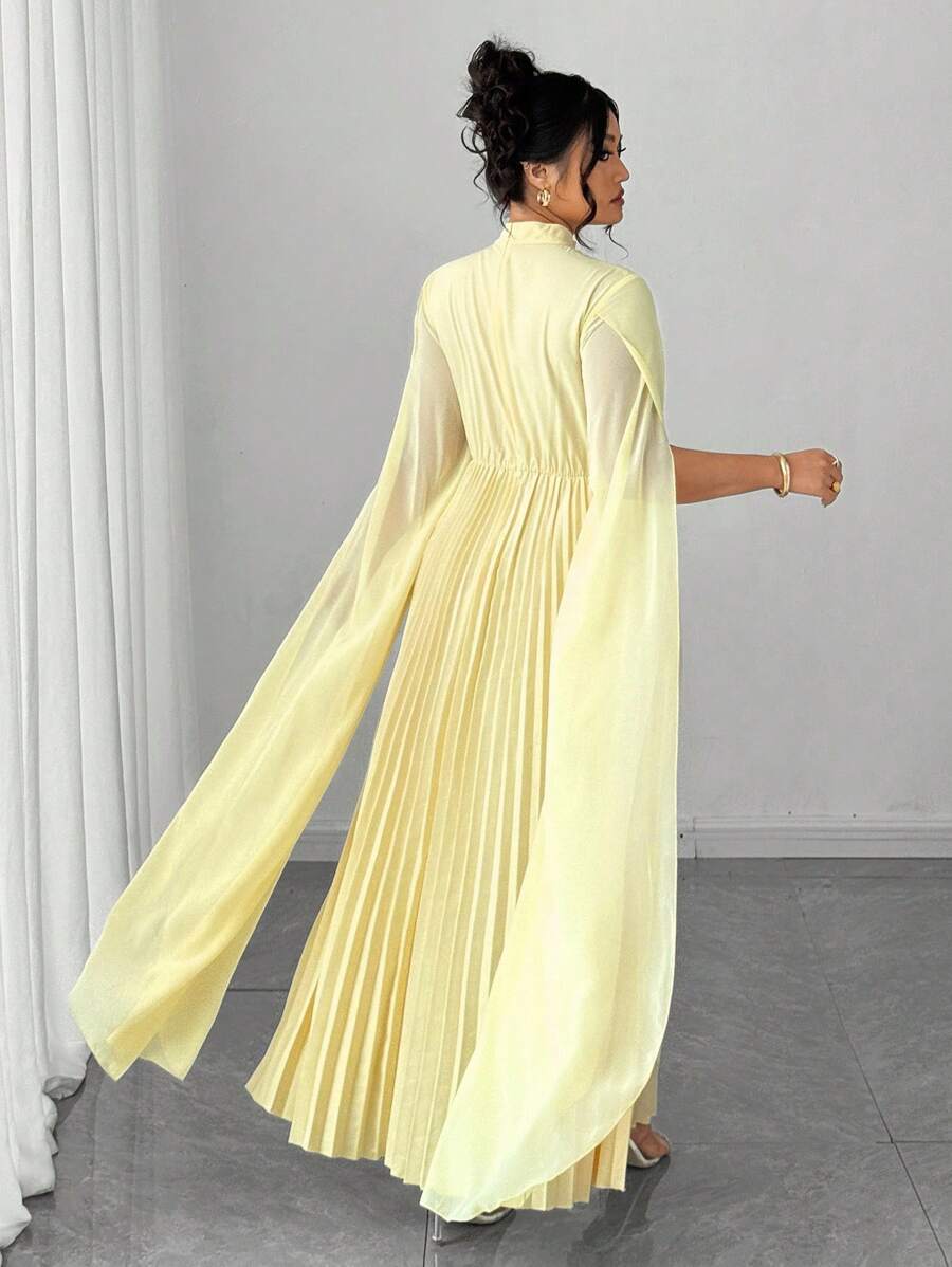 Elenzga Halloween Plus Size Women's New Long Sleeve Fitted Pleated Dress, Romantic & Elegant Fall Cloth For Women - Yellow - View 1