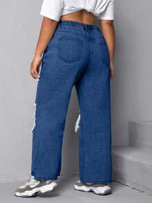 EURMUSE Plus Size Women High Waist Pockets Wide Leg Distressed Casual Jeans - Medium Wash - View 2