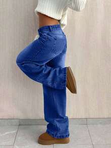 EURMUSE PETITE CASUAL LOW WAIST BAGGY LOOSE STRAIGHT LEG JEAN - Dark Wash - View 6