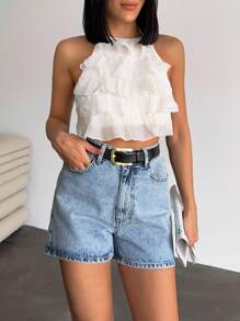 EURMUSE High Waist Rigid Bet Detailed Denim Short - Light Wash - View 4