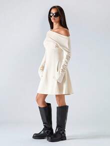 LYSMO 2025 New Arrival Spring-Summer Women's High-End Elegant Off-Shoulder Asymmetric Neckline Mini Dress Featuring Extra-Long Sleeves With Stacked Ruching And Slim Fit Design, Perfect For Vintage Casual, Elegance, And Date Night Outfits