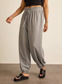 SHEIN VCAY Plus Size Women's Solid Color Ruffle Hem Drawstring Waist Casual Pants Palazzo Joggers Sweat Pants Going Out Autumn - Grey - View 5