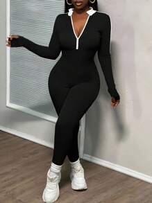 Slaydiva 女式秋季拼色拉链半襟长袖休闲连体裤