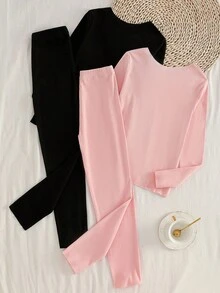 Set de 2 piezas de top de manga larga con cuello redondo y leggings forrados térmicamente de unicolor básico informal para niñas preadolescentes - Multicolor - Ver 2