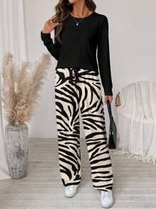 SHEIN LUNE Women's Colorblock Zebra Print Round Neck Long Sleeve 2 Pieces Set, Suitable For Autumn/Winter