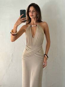 Aloruh Vestido longo feminino com gola franzida e contas, elegante e sexy para festa, para o verão, outono, para sair - Caqui - Ver 8