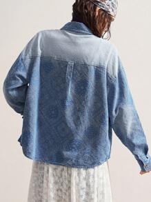Bohemela Casual Woven Denim Long Sleeve Loose Blouse For Women - Blue - View 7