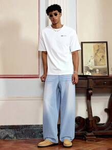 SWAVVY Quần jean denim dài dáng rộng cho nam, màu xanh xám - Màu xanh lam - Xem 3