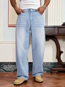 SWAVVY Quần jean denim dài dáng rộng cho nam, màu xanh xám - Màu xanh lam - Xem 5