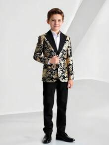 SHEIN 2 件套青少年男孩绅士装 - 金箔印花西装外套和纯色裤子，时尚适合生日派对、晚会、婚礼、洗礼、 1 岁生日仪式、婚礼嘉宾、花童、戒指持有人