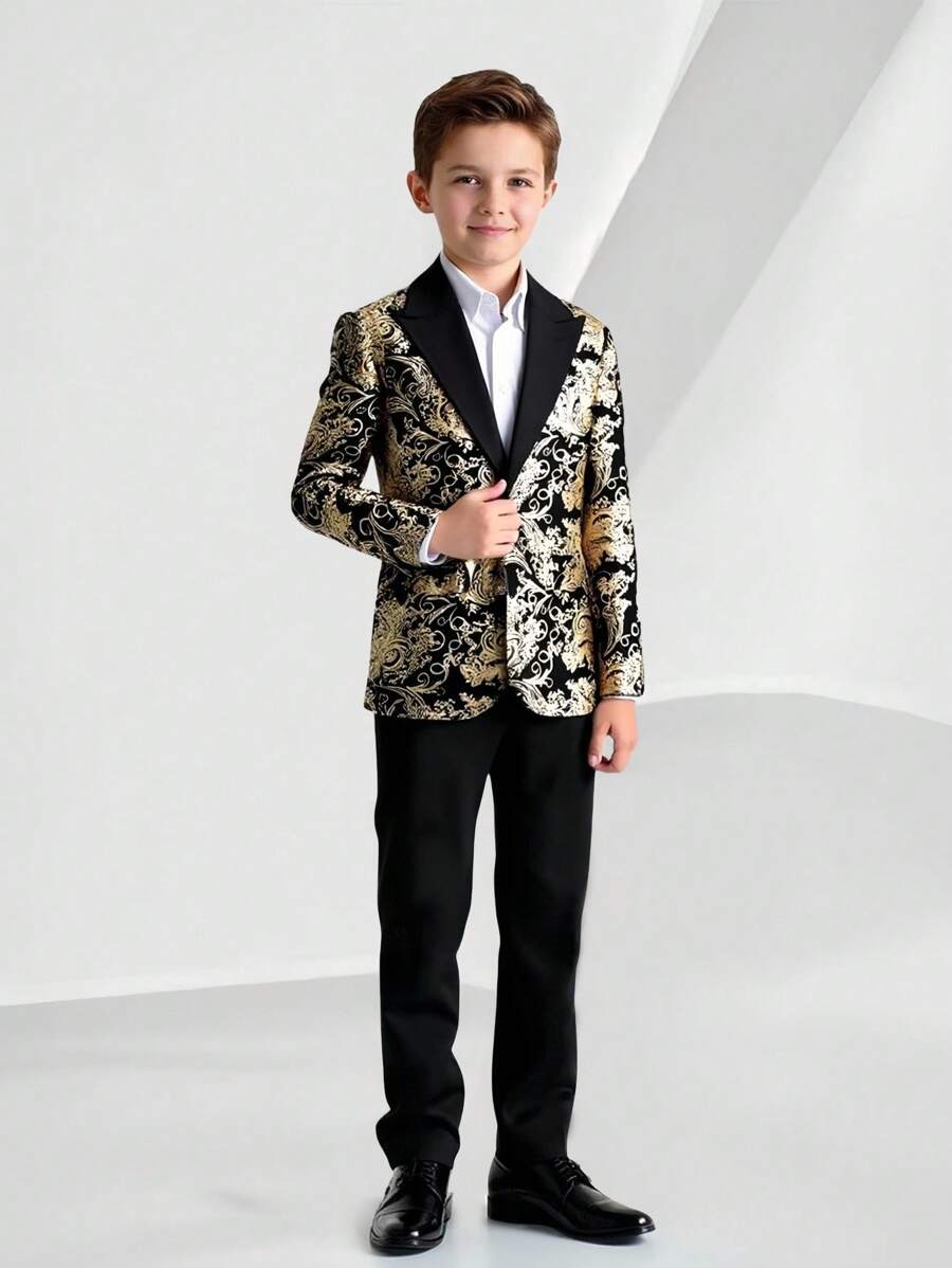 SHEIN 2 件套青少年男孩绅士装 - 金箔印花西装外套和纯色裤子，时尚适合生日派对、晚会、婚礼、洗礼、 1 岁生日仪式、婚礼嘉宾、花童、戒指持有人