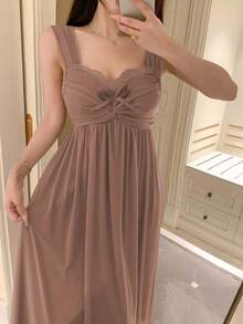 DAZY Romantic Mesh Knit Fabric Ruched Design Lace Patchwork Slip Dress For Women Pajama - Brown - View 5