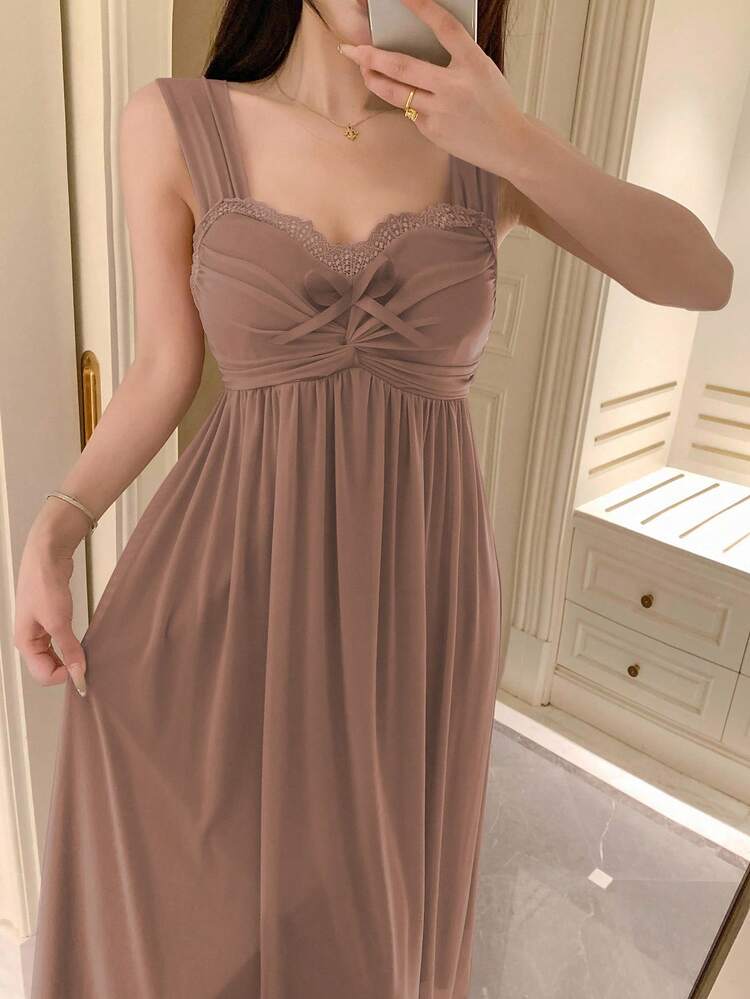 DAZY 浪漫网眼针织面料褶饰设计蕾丝拼布吊带裙女式睡衣 - 棕色 - 查看 5