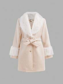 SHEIN Tween Girl Elegant Faux Fur Collar Long Sleeve Coat, Versatile For Autumn/Winter Fall