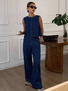 DAZY 秋季新款宽松休闲牛仔连体裤 - 藍色 - 查看 1