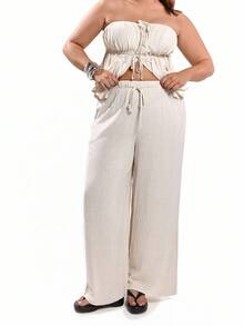 Solavibe Plus Size Summer Casual Solid Color Sleeveless Top And Long Pants 2 Pieces Set - Apricot - View 6