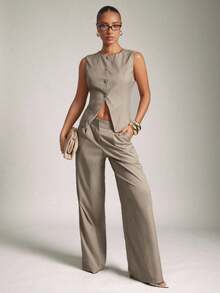 Hauture 女式基本款休闲办公室卡其色细条纹无袖背心 - 卡其色 - 查看 2