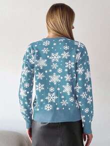 EURMUSE Women's Snowflake Pattern Round Neck Drop Shoulder Long Sleeve Casual Sweater - Baby Blue - View 2