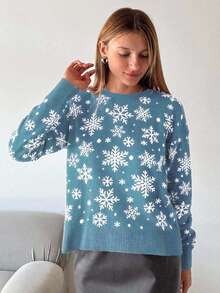 EURMUSE Women's Snowflake Pattern Round Neck Drop Shoulder Long Sleeve Casual Sweater - Baby Blue - View 4