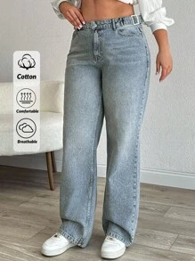 RueChic 100% Cotton High Waist Vintage Wideleg Jeans - Medium Wash - View 1