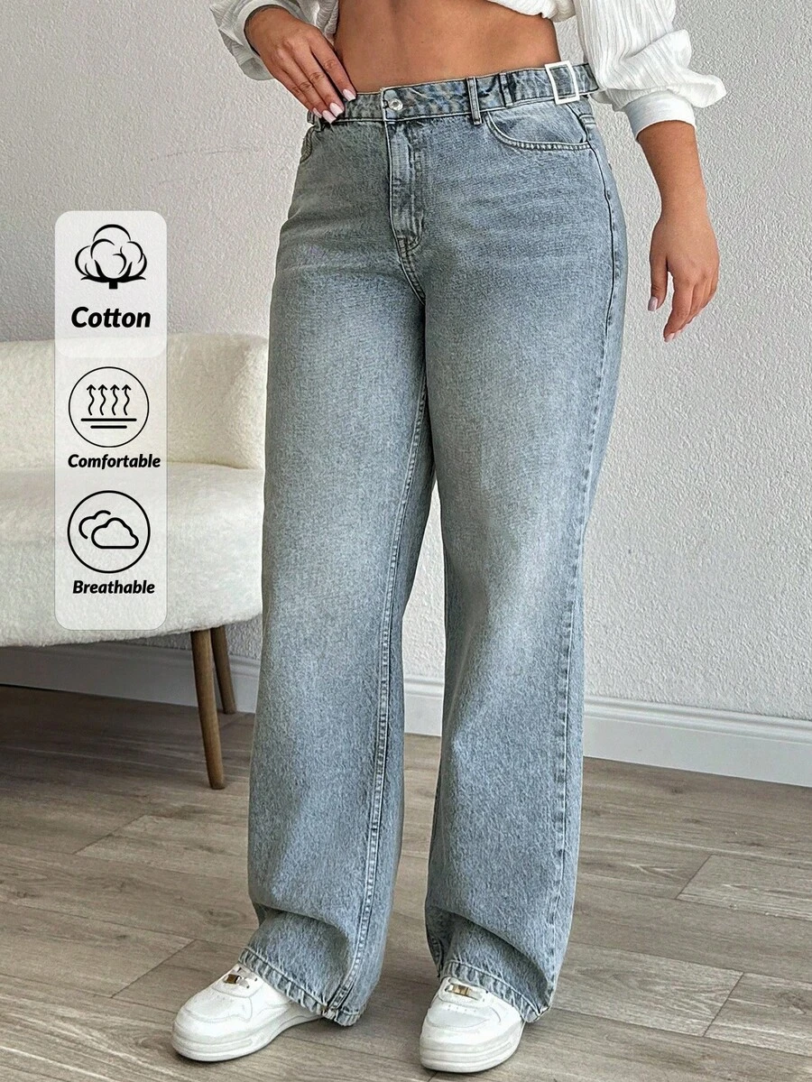 RueChic 100% Cotton High Waist Vintage Wideleg Jeans - Medium Wash - View 1