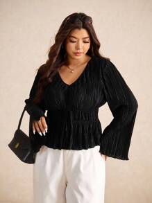 SHEIN Elaquor Áo thun nữ cổ chữ V tay dài vải họa tiết viền nhún bèo thời trang thường ngày cỡ lớn - màu đen - Xem 6
