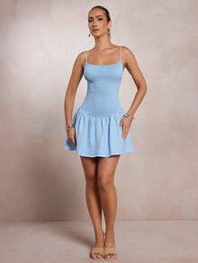 L'Amorae 纯色休闲百搭夏季无袖连衣裙 - 藍色 - 查看 3