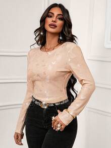 Xyvia Damen Rundhalsausschnit Langarm elegantes Jacquard Schmetterling figurbetontes Samt T-Shirt - Aprikosenfarben - Übersicht 4