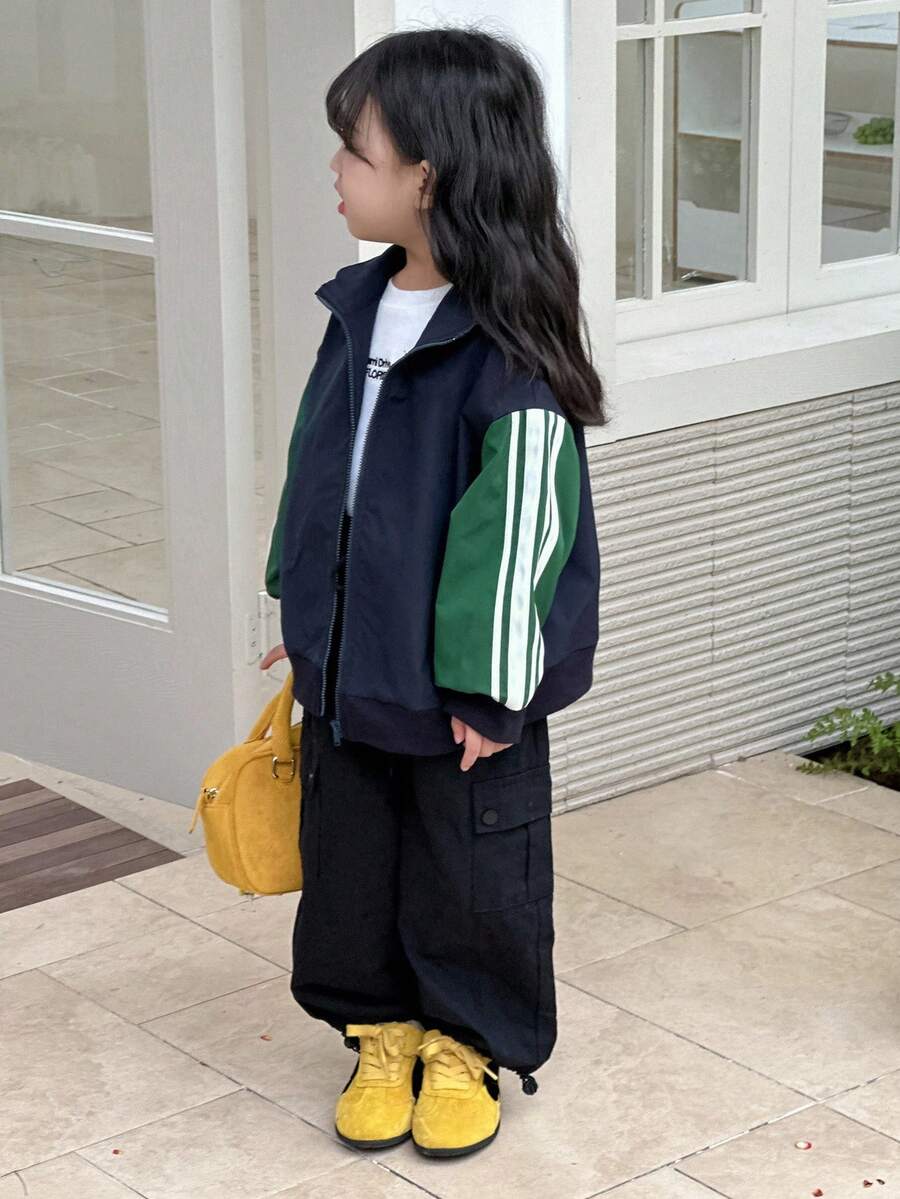DAZY Young Girls Contrast Color Casual Street Style Long Sleeve Jacket - Army Green - View 1