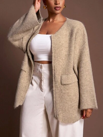 Veslaya Nuevo suéter de punto tipo chaqueta con cierre delantero de cremallera, manga larga, corte holgado y acampanado, color caqui sólido, para mujer talla grande, elegante y apropiado para fiestas, citas, uso diario, salidas casuales y en casa - Otoño/Invierno 2025