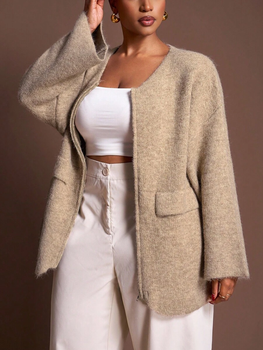 Veslaya Áo khoác cardigan dệt kim dài tay màu kaki trơn, dáng rộng, khóa kéo phía trước, dành cho nữ, phù hợp cho mùa Thu/Đông, thanh lịch, dự tiệc, hẹn hò, mặc hàng ngày, dạo phố và ở nhà - A - Màu Khaki - Xem 1
