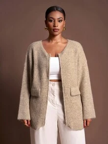 Veslaya Áo khoác cardigan dệt kim dài tay màu kaki trơn, dáng rộng, khóa kéo phía trước, dành cho nữ, phù hợp cho mùa Thu/Đông, thanh lịch, dự tiệc, hẹn hò, mặc hàng ngày, dạo phố và ở nhà - A - Màu Khaki - Xem 3