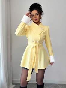 Elenzga Women's Asymmetric Collar Design With Fur Cuff, Cinched Waist Waist Elegant Overcoat For Daily Commute - Yellow - View 6