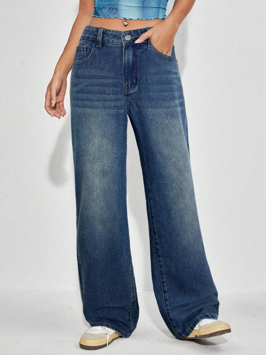 SHEIN EZwear 女士休闲直筒纽扣口袋牛仔裤,百搭日常穿着 - 藍色 - 查看 1
