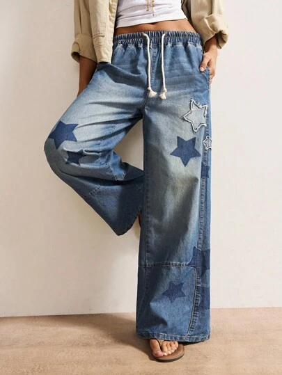 Bohemela Plus Size Casual Washed Star Patch Wide Leg Pants
