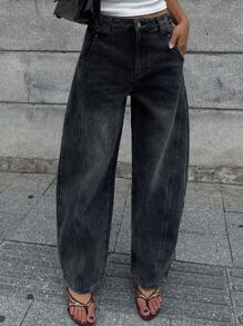 DAZY 宽松复古水洗阔腿休闲牛仔裤，美式工装风格 - 灰色 - 查看 5