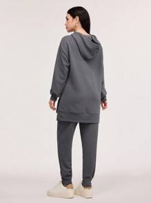 Veilorie Drop Shoulder Drawstring Hoodie & Sweatpants 2 Pieces Set - Dark Grey - View 2
