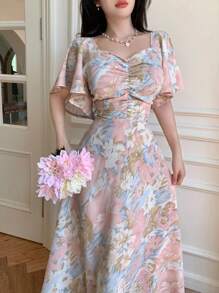 Modelyn 女式花卉印花褶饰前片荷叶边袖腰 A 字形连衣裙