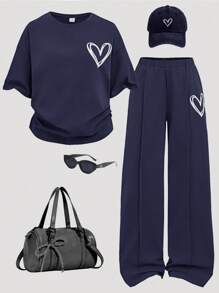 SHEIN Girlism 青少年女孩 2 件套休闲宽松针织圆领插肩袖褶皱图案 T 恤和短裤套装，适合日常穿着、返校、假期、家庭户外春季野餐和各种场合