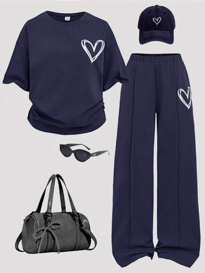 SHEIN Girlism 青少年女孩 2 件套休闲宽松针织圆领插肩袖褶皱图案 T 恤和短裤套装，适合日常穿着、返校、假期、家庭户外春季野餐和各种场合