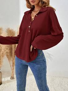EMERY ROSE Camiseta casual holgada de mujer de unicolor, de manga larga, con caída en los hombros, botones y abertura media - Rojo - Ver 3